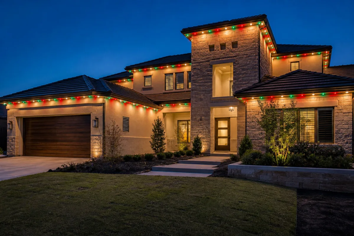 Permanent holiday LED lighting installed under a home’s eaves